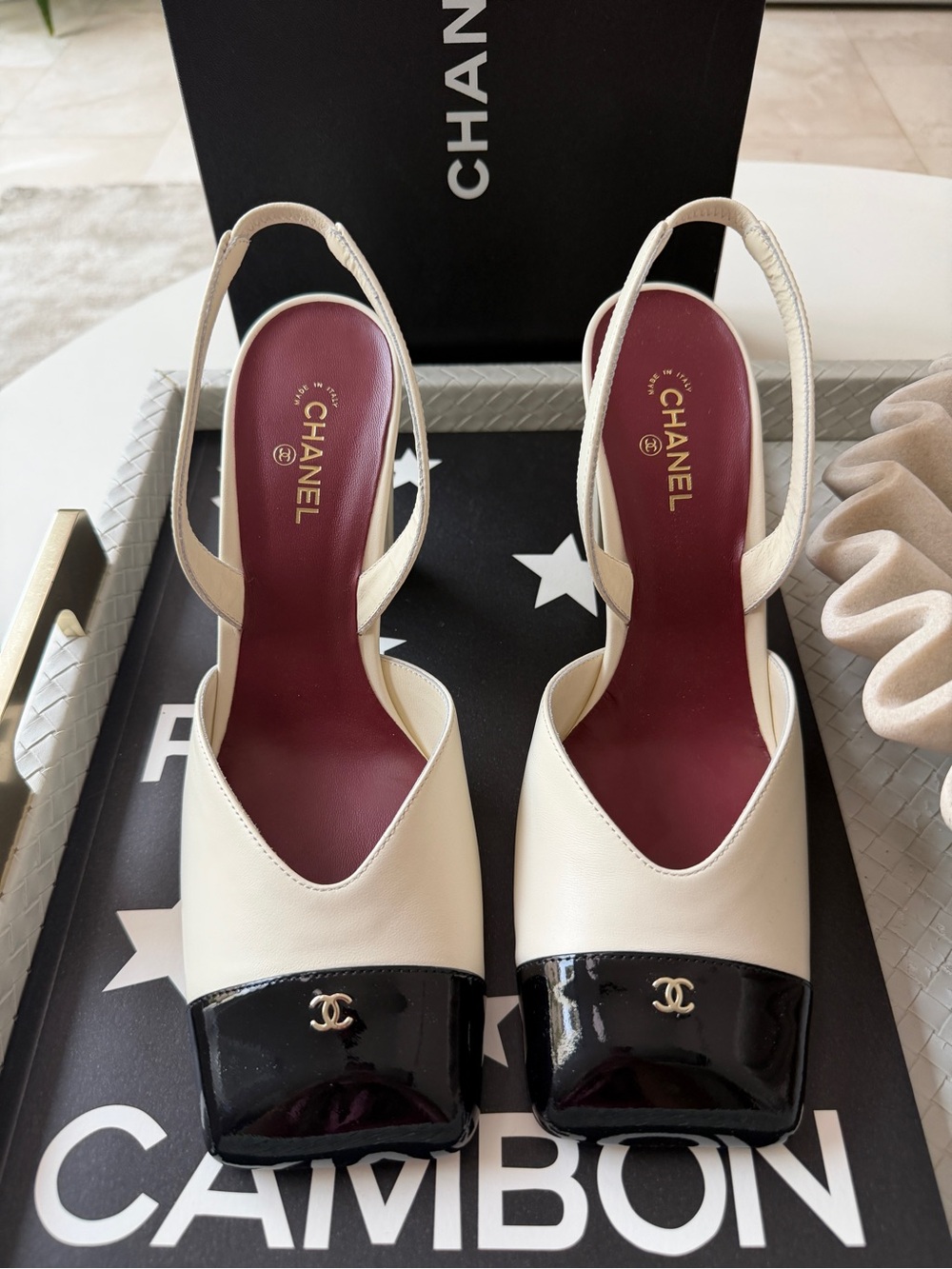 Chanel 26S Blazy Ivory Ecru Black Square Cap Toe Sling Slingback Heel Pump 38.5 - Picture 2 of 14